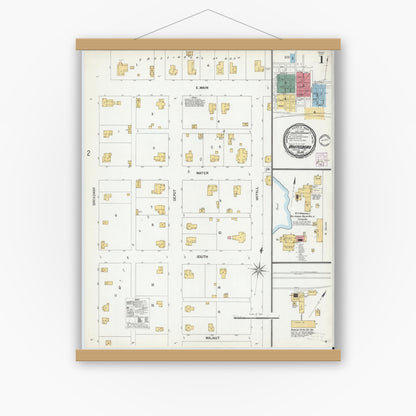 Old map wall art mockup — magnetic wood frame on white wall — Sanborn Fire Insurance Map from Whitesboro, Grayson County, Texas (1901), Sheet #0001