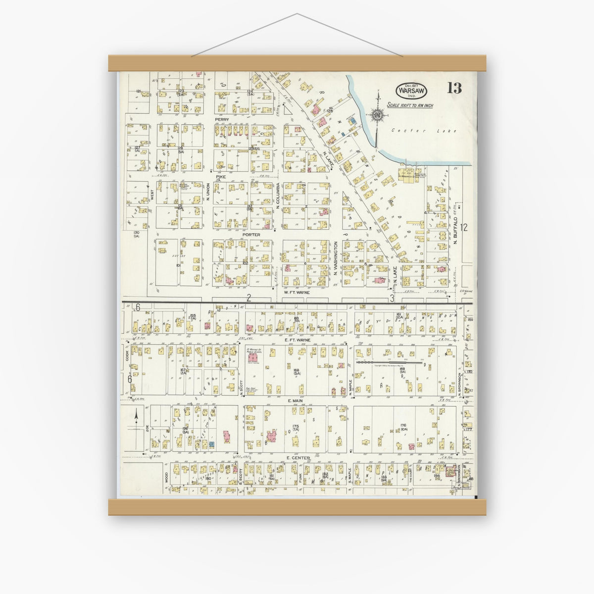 Old map wall art mockup — magnetic wood frame on white wall — Sanborn Fire Insurance Map from Warsaw, Kosciusko County, Indiana (1917), Sheet #0013