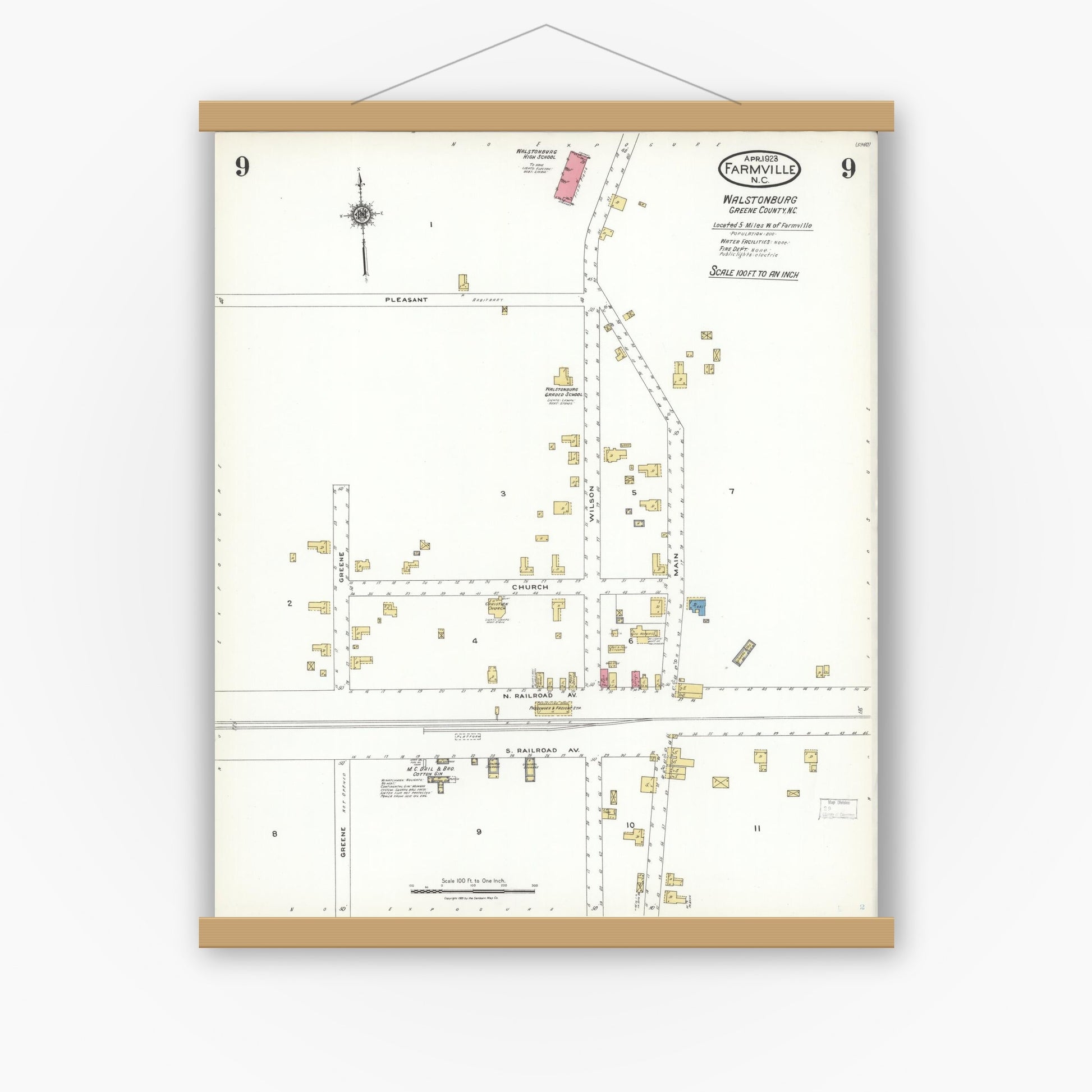 Old map wall art mockup — magnetic wood frame on white wall — Sanborn Fire Insurance Map from Farmville, Pitt County, North Carolina (1923), Sheet #0009