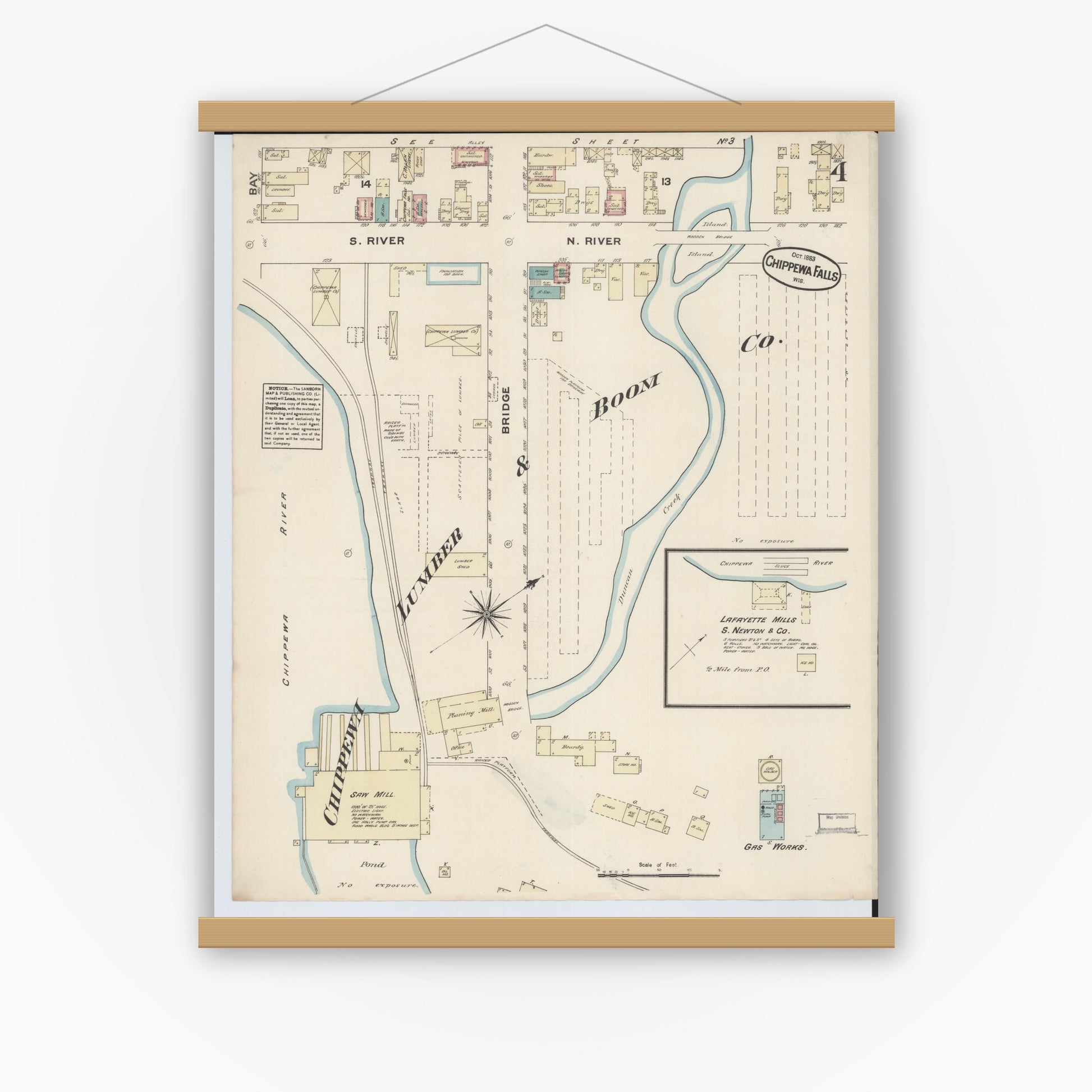 Old map wall art mockup — magnetic wood frame on white wall — Sanborn Fire Insurance Map from Chippewa Falls, Chippewa County, Wisconsin (1883), Sheet #0004