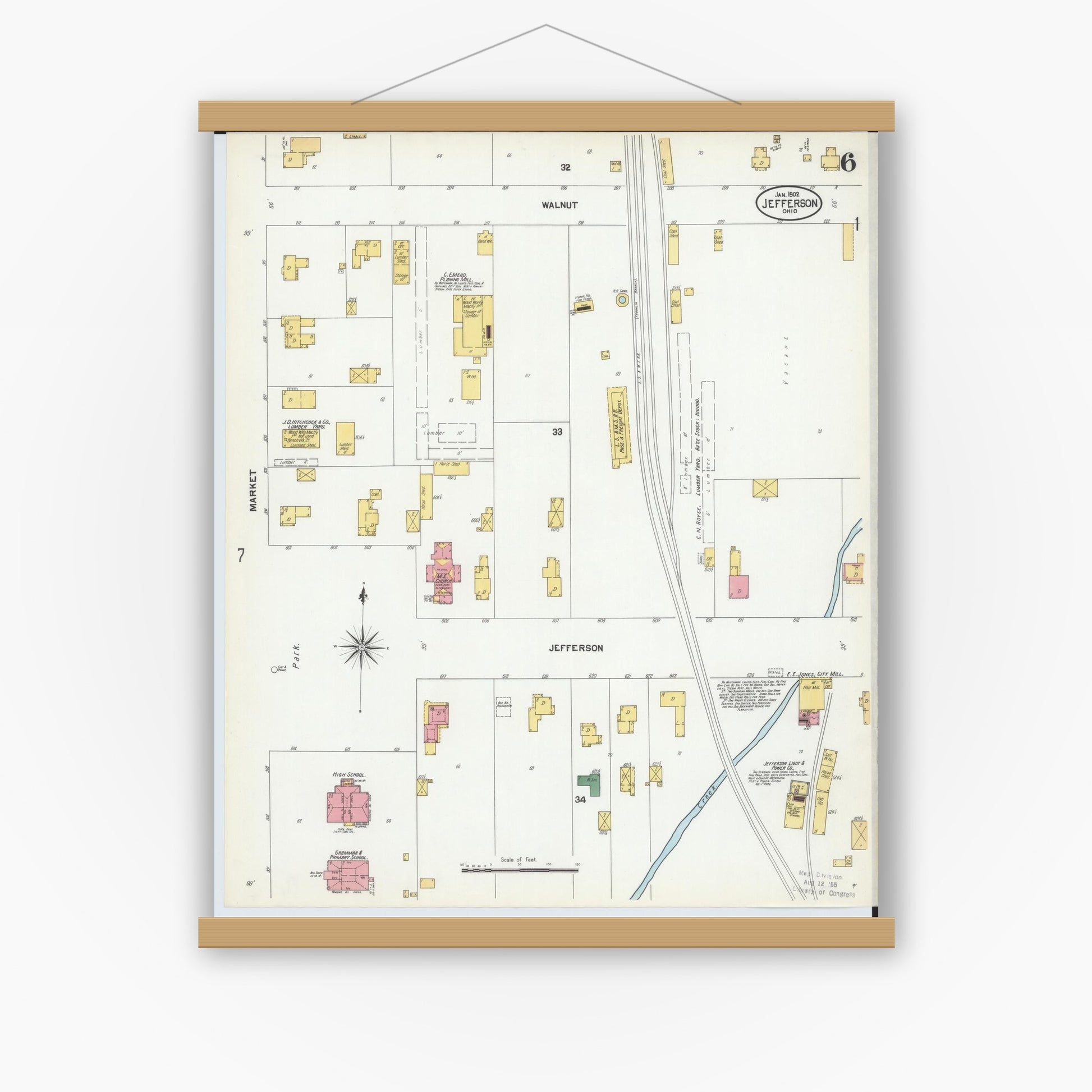 Old map wall art mockup — magnetic wood frame on white wall — Sanborn Fire Insurance Map from Jefferson, Ashtabula County, Ohio (1902), Sheet #0006