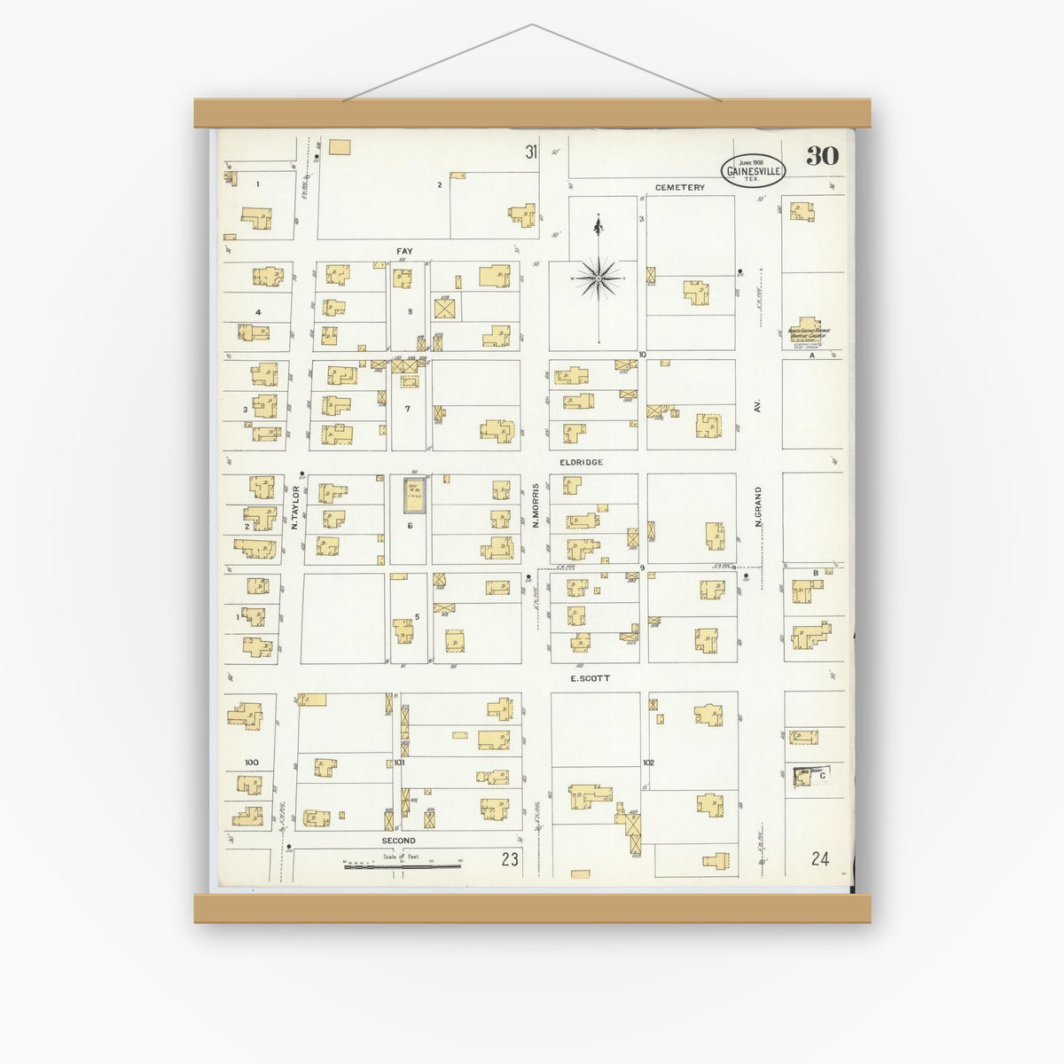 Old map wall art mockup — magnetic wood frame on white wall — Sanborn Fire Insurance Map from Gainesville, Cooke County, Texas (1908), Sheet #0030