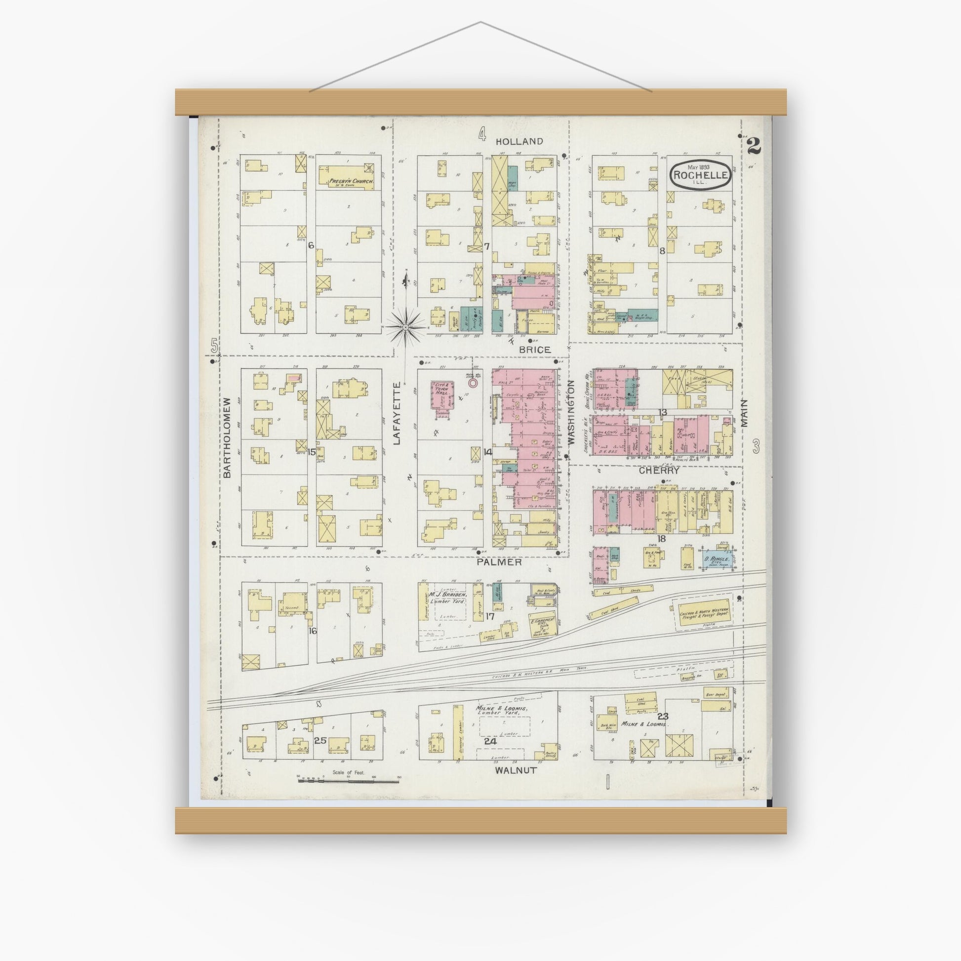 Old map wall art mockup — magnetic wood frame on white wall — Sanborn Fire Insurance Map from Rochelle, Ogle County, Illinois (1893), Sheet #0002