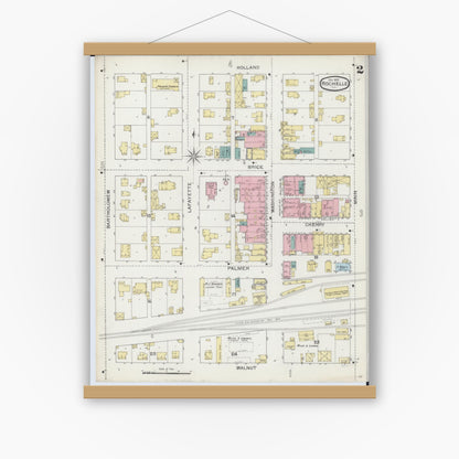 Old map wall art mockup — magnetic wood frame on white wall — Sanborn Fire Insurance Map from Rochelle, Ogle County, Illinois (1893), Sheet #0002