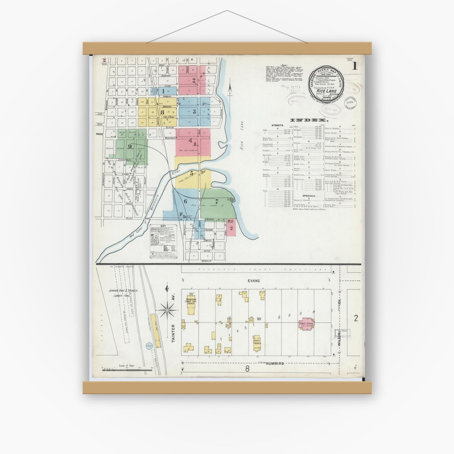 Old map wall art mockup — magnetic wood frame on white wall — Sanborn Fire Insurance Map from Rice Lake, Barron County, Wisconsin (1899) - Complete Map Set
