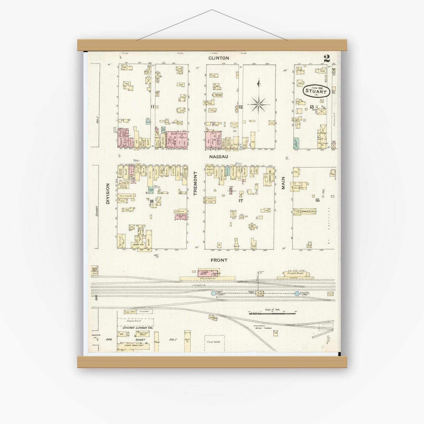 Old map wall art mockup — magnetic wood frame on white wall — Sanborn Fire Insurance Map from Stuart, Guthrie and Adair Counties, Iowa (1888), Sheet #0002