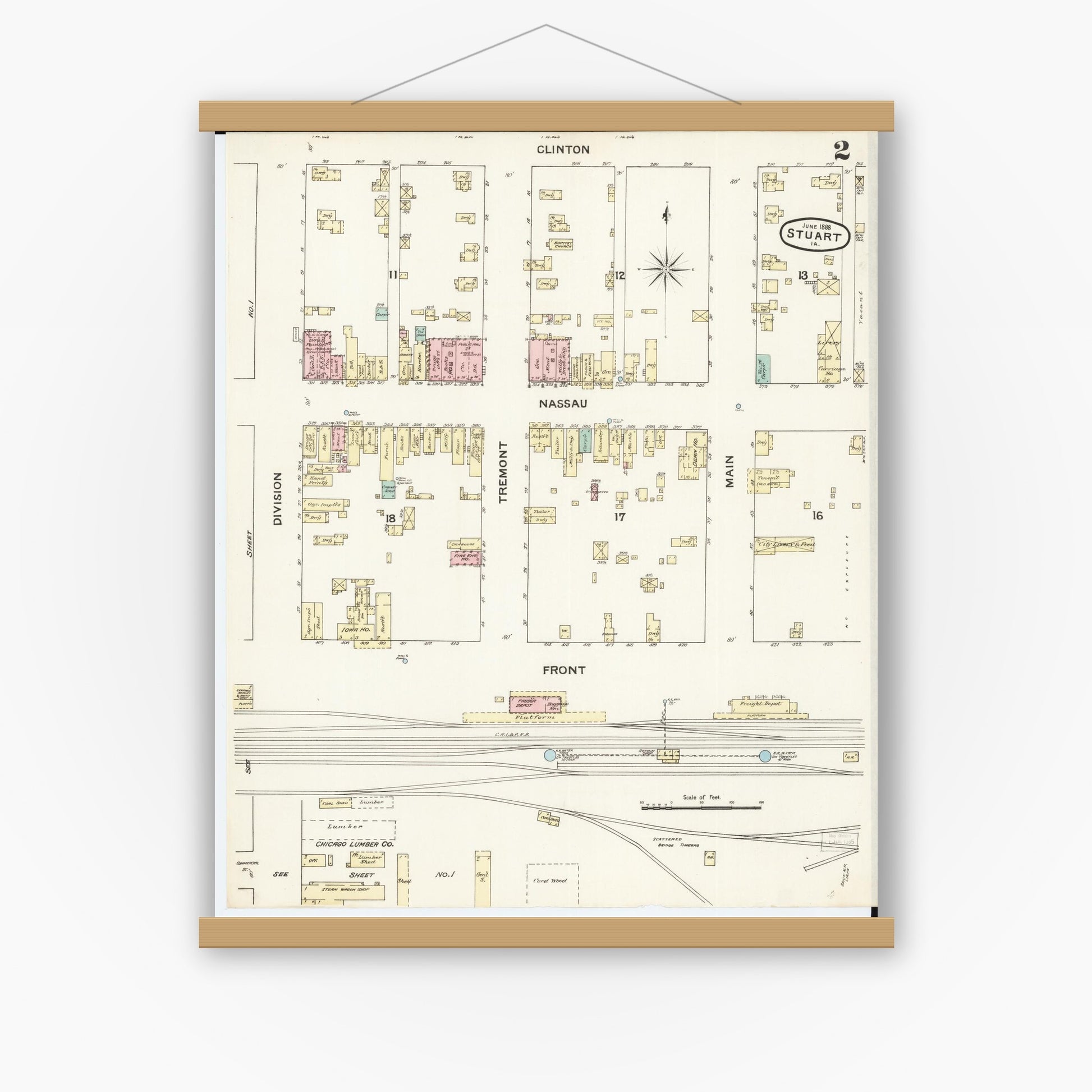 Old map wall art mockup — magnetic wood frame on white wall — Sanborn Fire Insurance Map from Stuart, Guthrie and Adair Counties, Iowa (1888), Sheet #0002