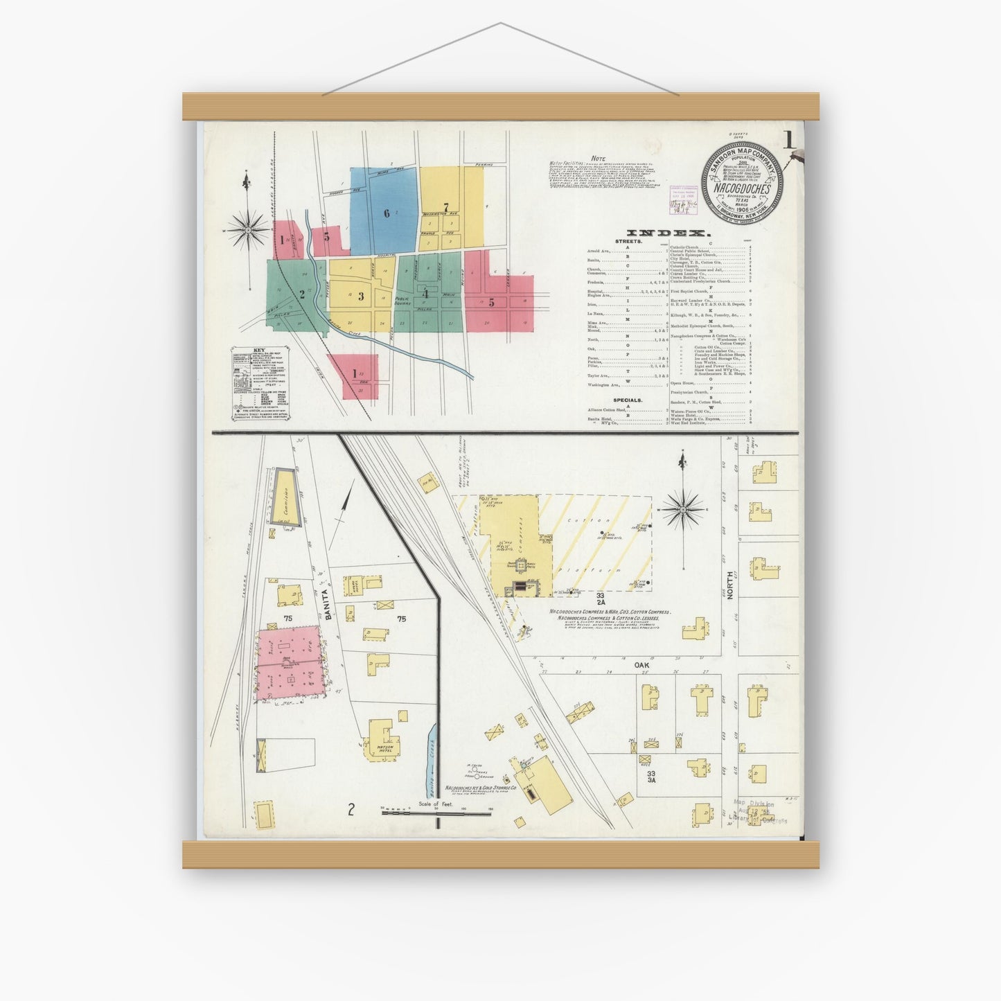 Old map wall art mockup — magnetic wood frame on white wall — Sanborn Fire Insurance Map from Nacogdoches, Nacogdoches County, Texas (1906), Sheet #0001