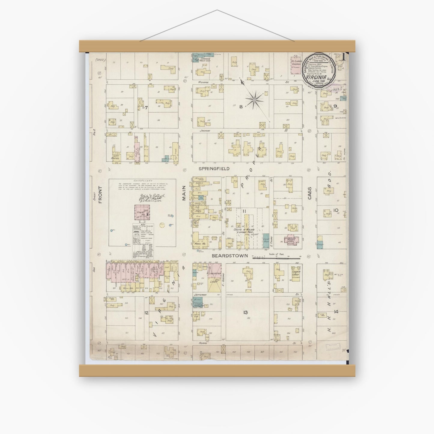 Old map wall art mockup — magnetic wood frame on white wall — Sanborn Fire Insurance Map from Virginia, Cass County, Illinois (1887) - Complete Map Set