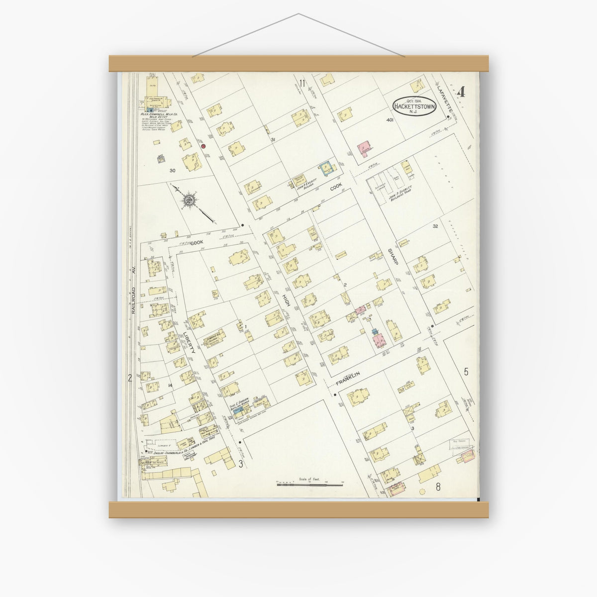 Old map wall art mockup — magnetic wood frame on white wall — Sanborn Fire Insurance Map from Hackettstown, Warren County, New Jersey (1914), Sheet #0004