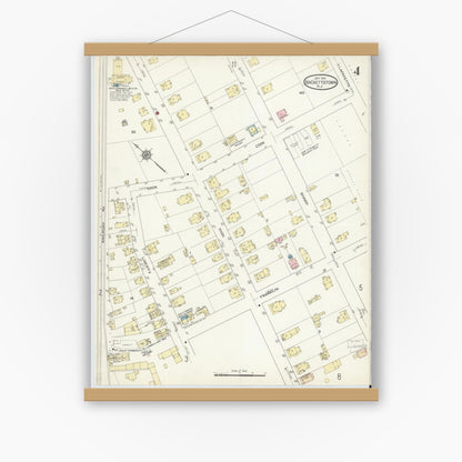 Old map wall art mockup — magnetic wood frame on white wall — Sanborn Fire Insurance Map from Hackettstown, Warren County, New Jersey (1914), Sheet #0004