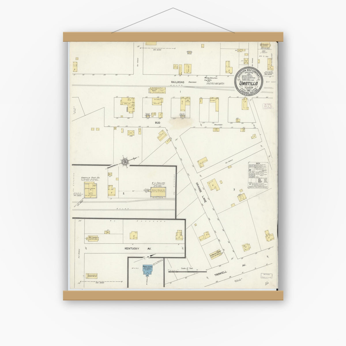 Old map wall art mockup — magnetic wood frame on white wall — Sanborn Fire Insurance Map from Umatilla, Lake County, Florida (1912), Sheet #0001