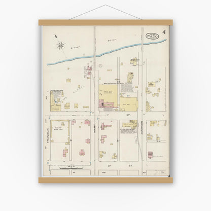 Old map wall art mockup — magnetic wood frame on white wall — Sanborn Fire Insurance Map from Waco, McLennan County, Texas (1885), Sheet #0004