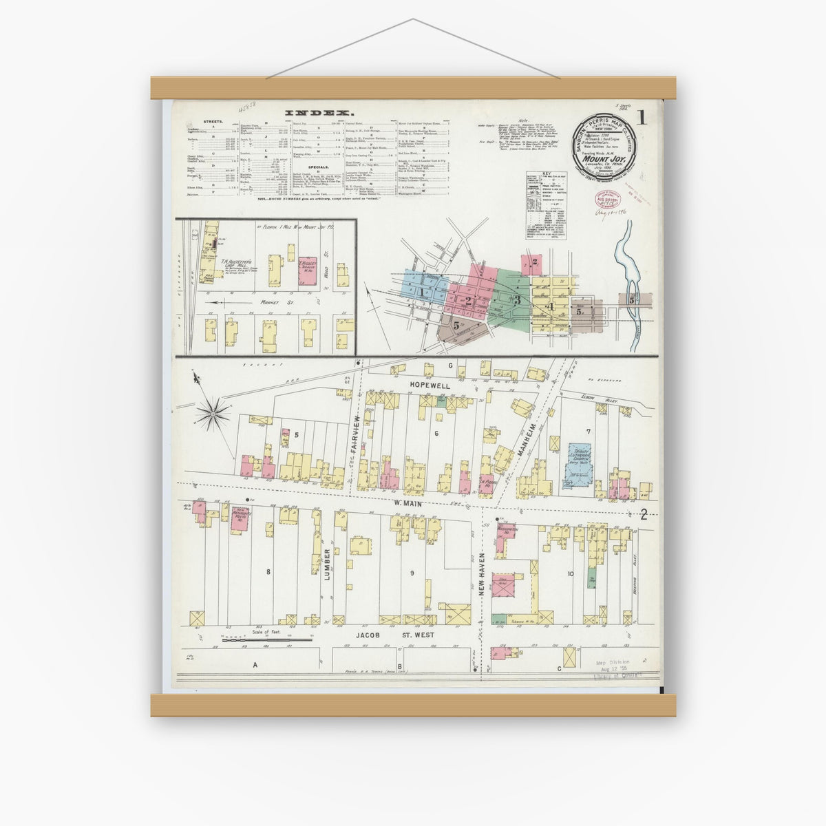 Old map wall art mockup — magnetic wood frame on white wall — Sanborn Fire Insurance Map from Mount Joy, Lancaster County, Pennsylvania (1896), Sheet #0001