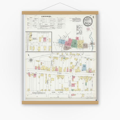 Old map wall art mockup — magnetic wood frame on white wall — Sanborn Fire Insurance Map from Mount Joy, Lancaster County, Pennsylvania (1896), Sheet #0001
