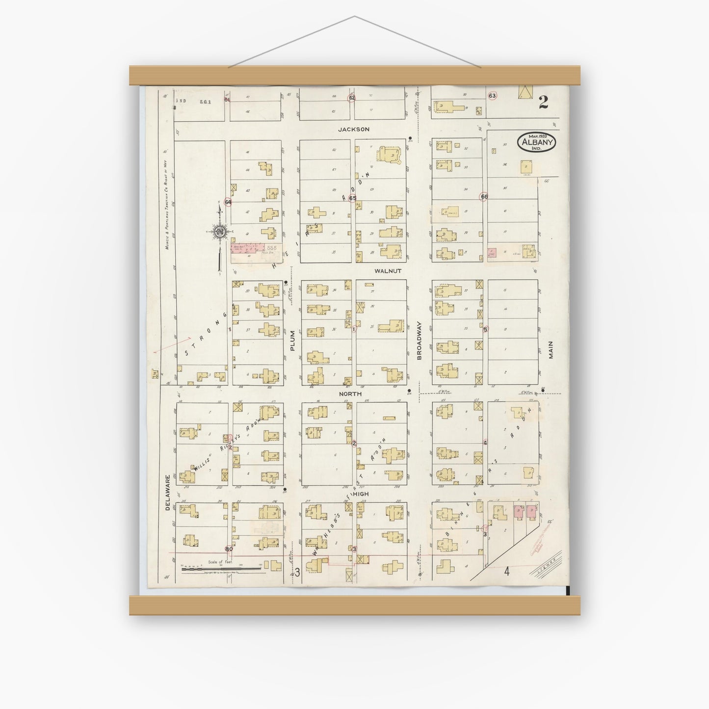 Old map wall art mockup — magnetic wood frame on white wall — Sanborn Fire Insurance Map from Albany, Delaware County, Indiana (1943), Sheet #0002