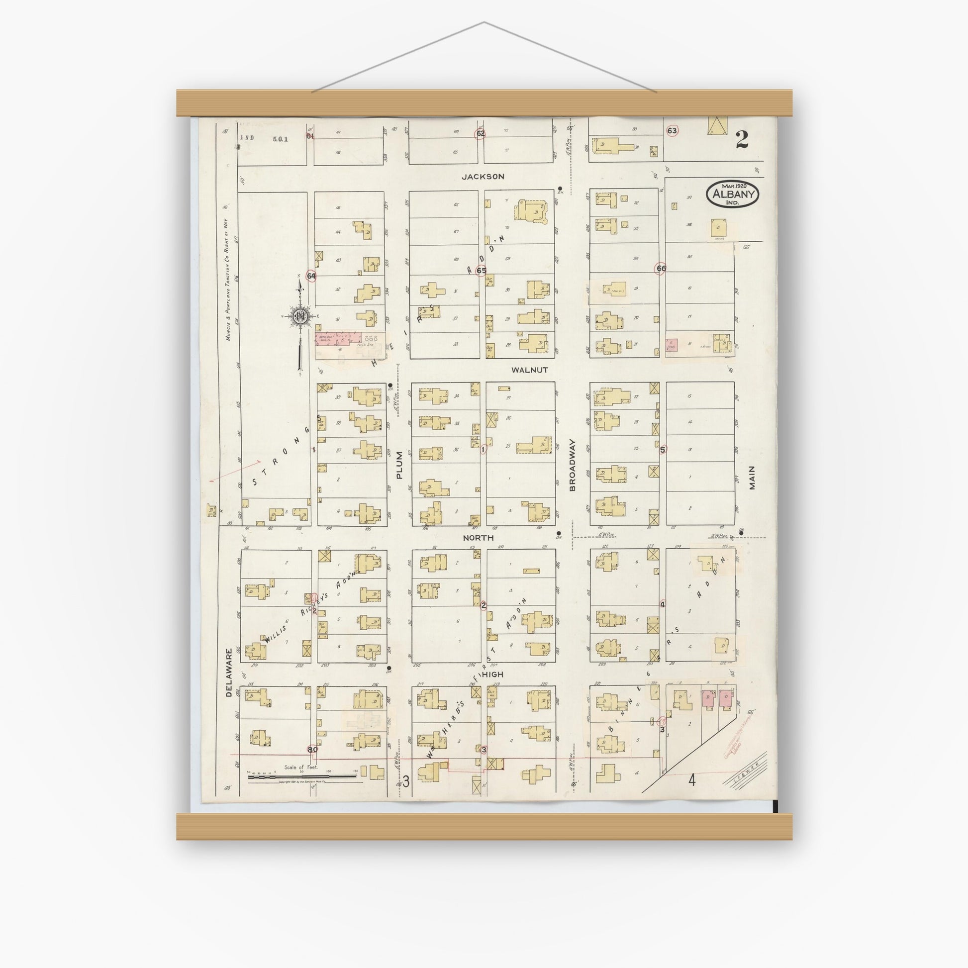 Old map wall art mockup — magnetic wood frame on white wall — Sanborn Fire Insurance Map from Albany, Delaware County, Indiana (1943), Sheet #0002