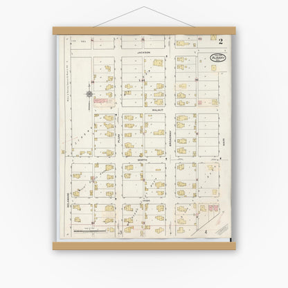 Old map wall art mockup — magnetic wood frame on white wall — Sanborn Fire Insurance Map from Albany, Delaware County, Indiana (1943), Sheet #0002