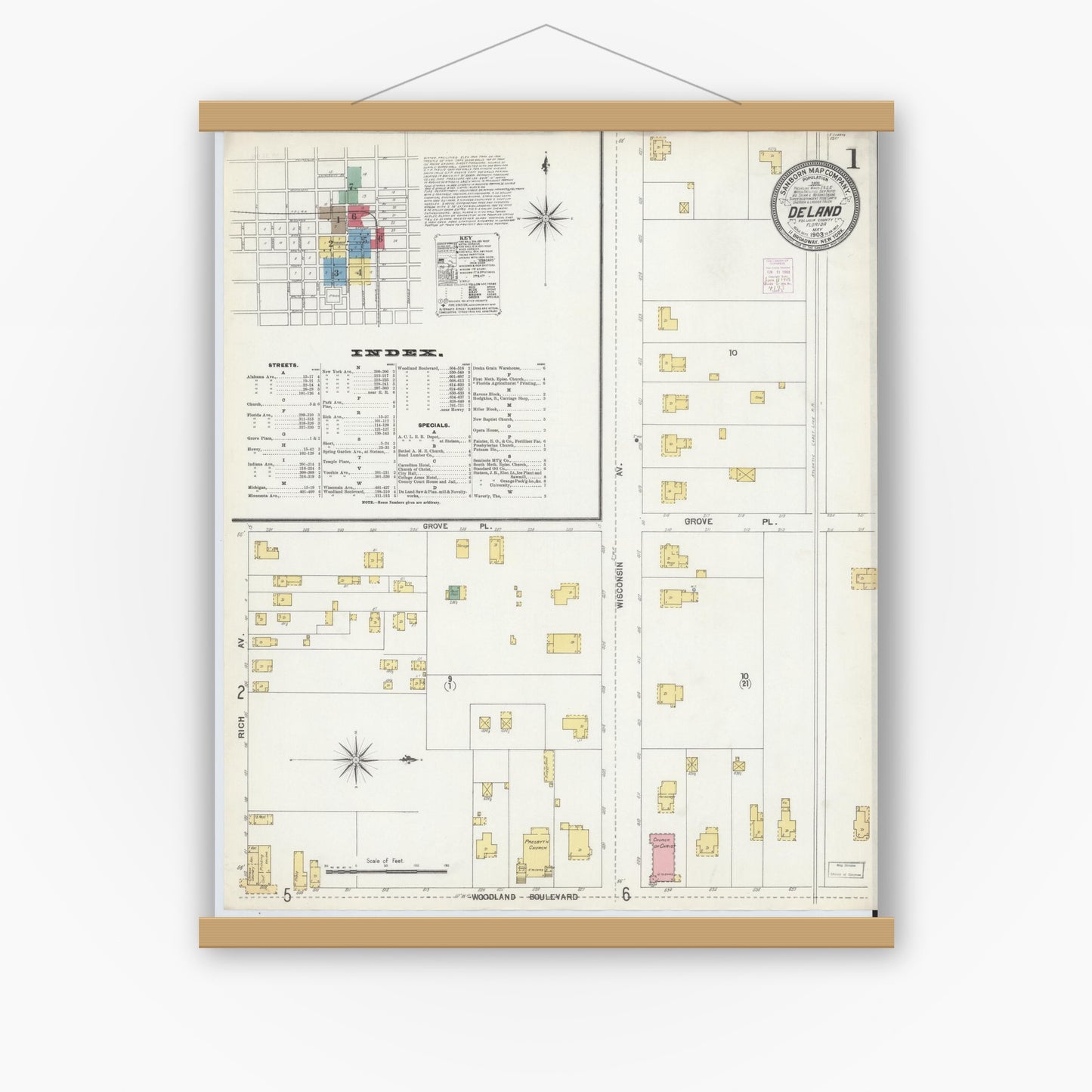 Old map wall art mockup — magnetic wood frame on white wall — Sanborn Fire Insurance Map from De Land, Volusia County, Florida (1903) - Complete Map Set
