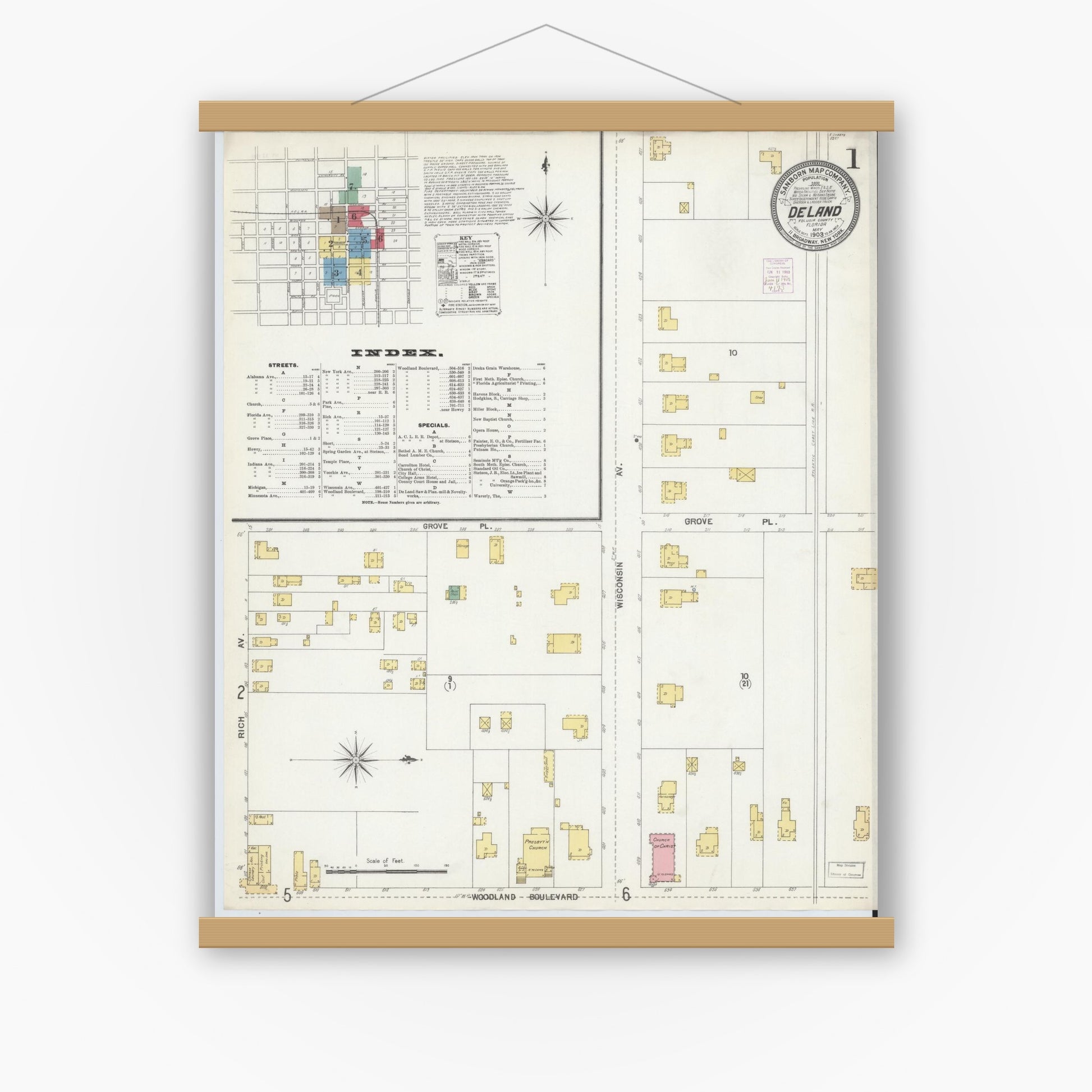 Old map wall art mockup — magnetic wood frame on white wall — Sanborn Fire Insurance Map from De Land, Volusia County, Florida (1903) - Complete Map Set