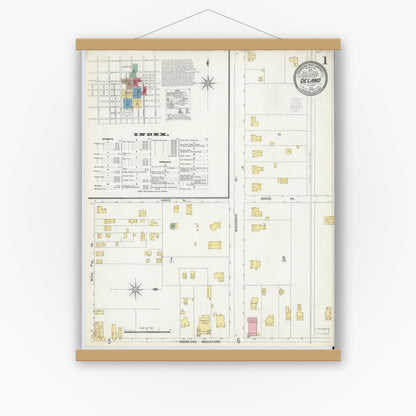 Old map wall art mockup — magnetic wood frame on white wall — Sanborn Fire Insurance Map from De Land, Volusia County, Florida (1903) - Complete Map Set
