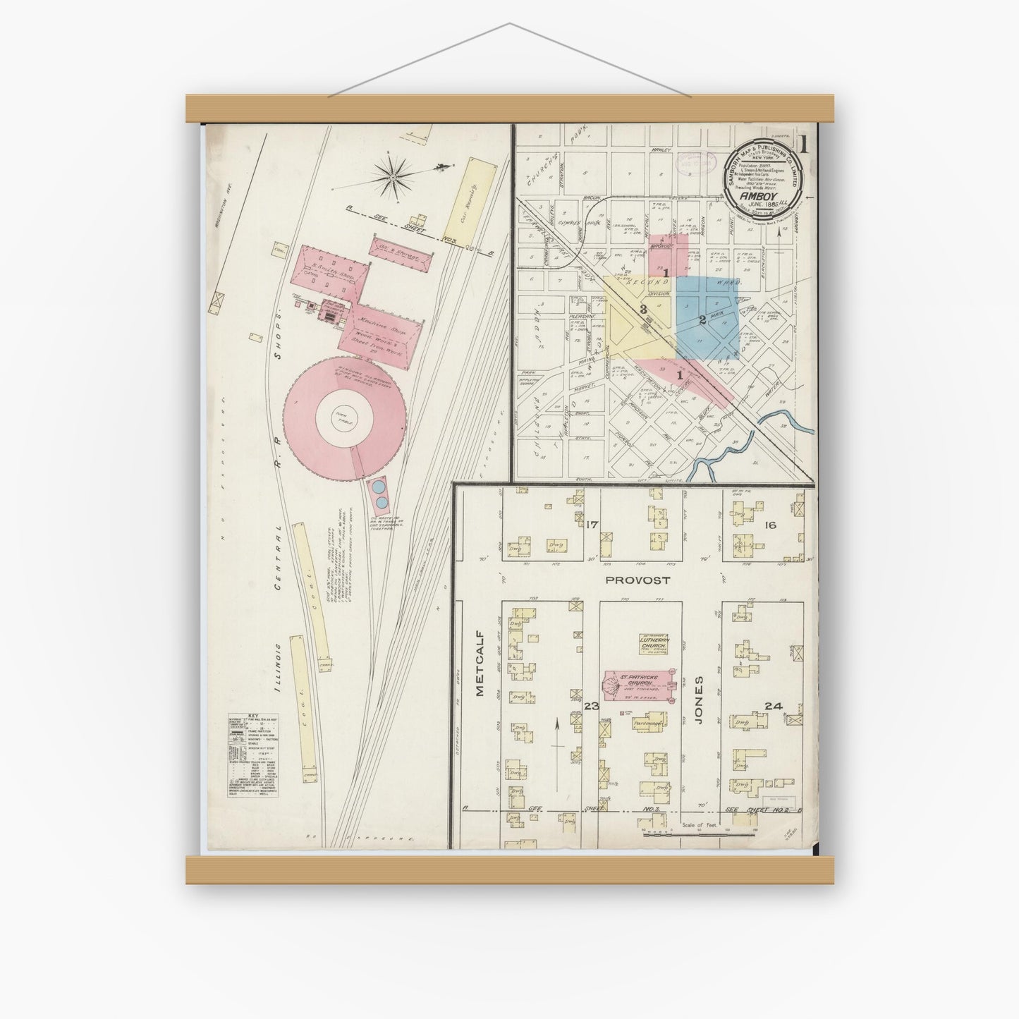 Old map wall art mockup — magnetic wood frame on white wall — Sanborn Fire Insurance Map from Amboy, Lee County, Illinois (1885), Sheet #0001