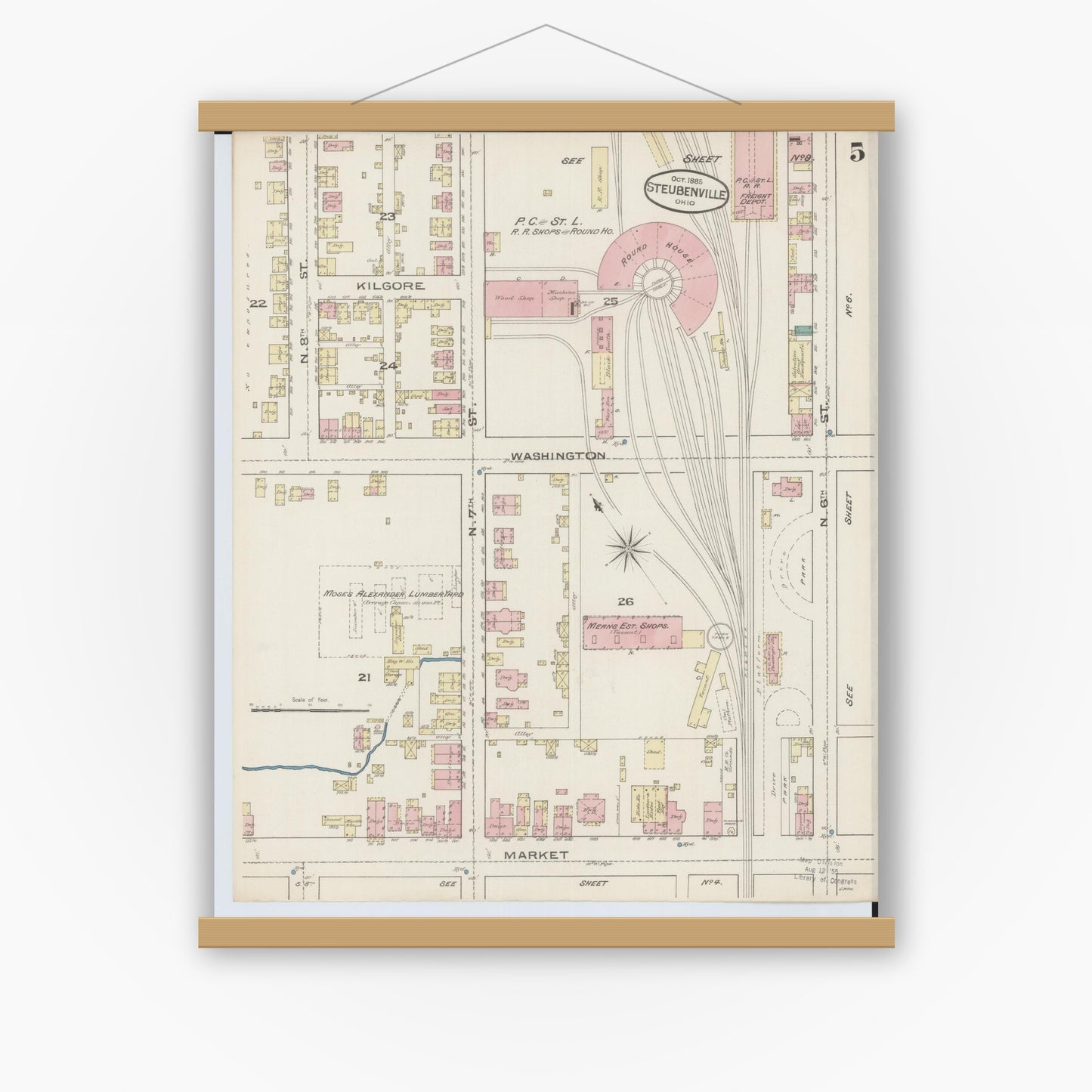 Old map wall art mockup — magnetic wood frame on white wall — Sanborn Fire Insurance Map from Steubenville, Jefferson County, Ohio (1885), Sheet #0005