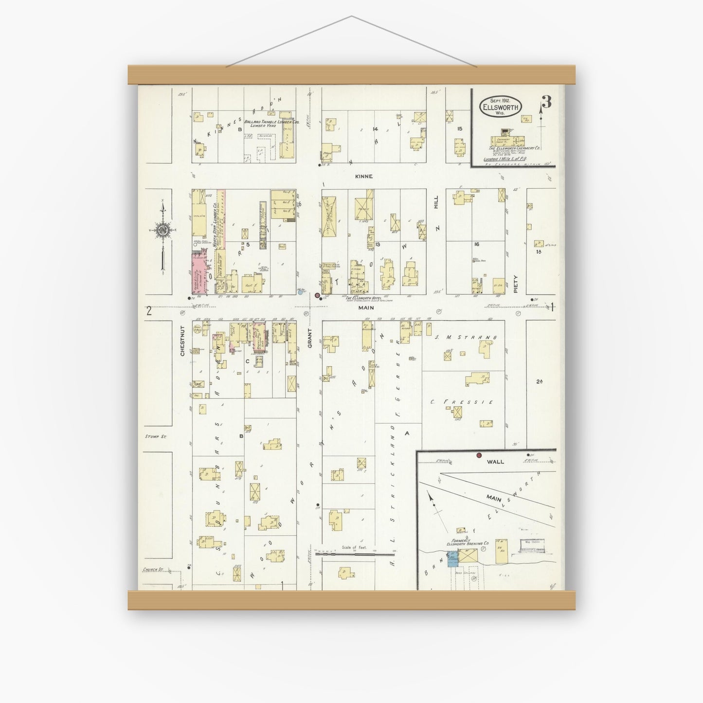 Old map wall art mockup — magnetic wood frame on white wall — Sanborn Fire Insurance Map from Ellsworth, Pierce County, Wisconsin (1912), Sheet #0003