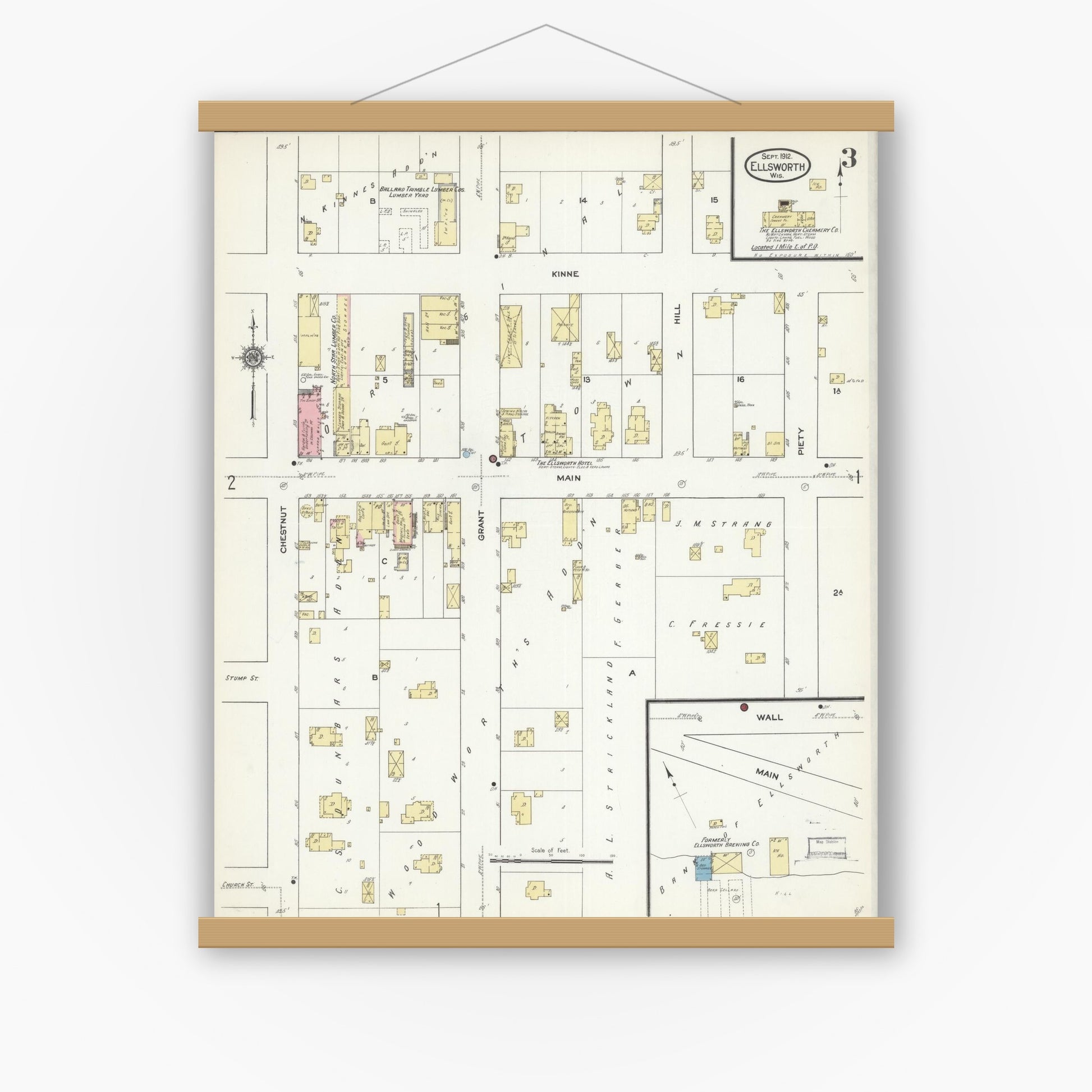 Old map wall art mockup — magnetic wood frame on white wall — Sanborn Fire Insurance Map from Ellsworth, Pierce County, Wisconsin (1912), Sheet #0003
