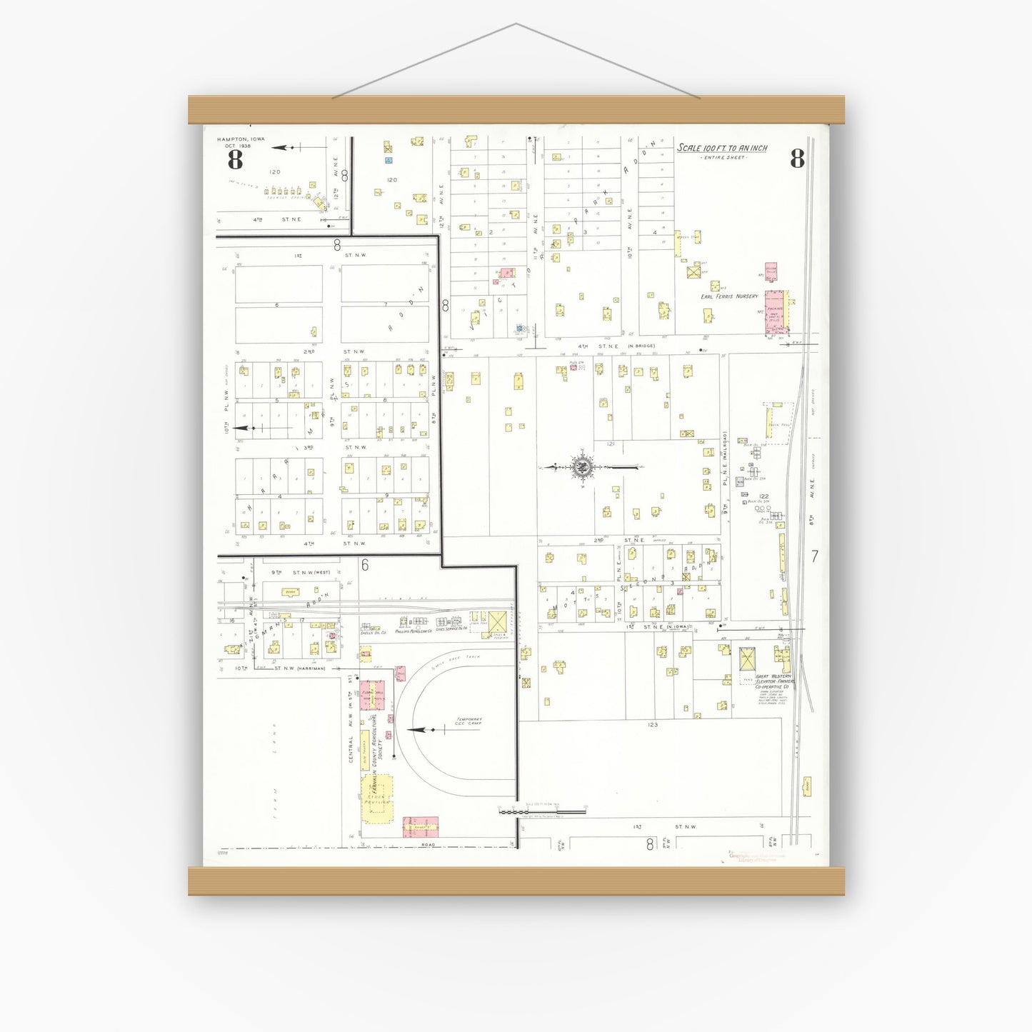 Old map wall art mockup — magnetic wood frame on white wall — Sanborn Fire Insurance Map from Hampton, Franklin County, Iowa (1938), Sheet #0008