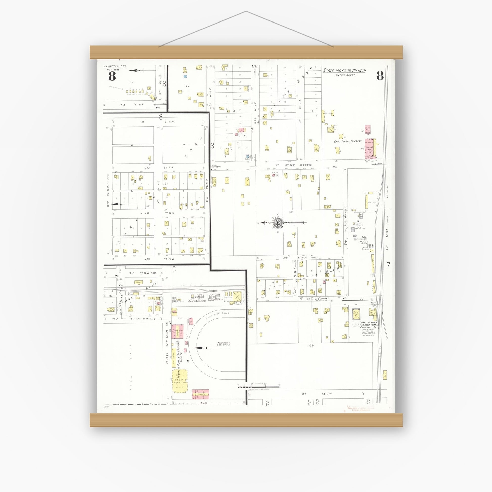 Old map wall art mockup — magnetic wood frame on white wall — Sanborn Fire Insurance Map from Hampton, Franklin County, Iowa (1938), Sheet #0008