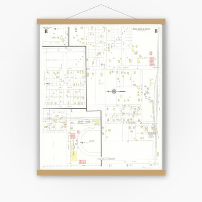 Old map wall art mockup — magnetic wood frame on white wall — Sanborn Fire Insurance Map from Hampton, Franklin County, Iowa (1938), Sheet #0008