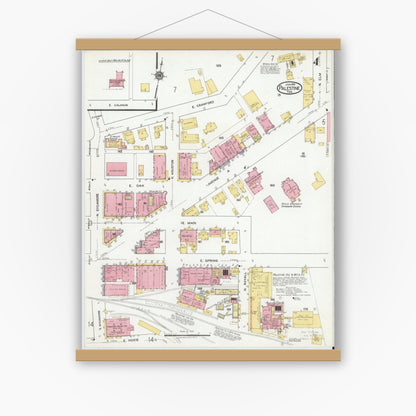 Old map wall art mockup — magnetic wood frame on white wall — Sanborn Fire Insurance Map from Palestine, Anderson County, Texas (1919), Sheet #0004