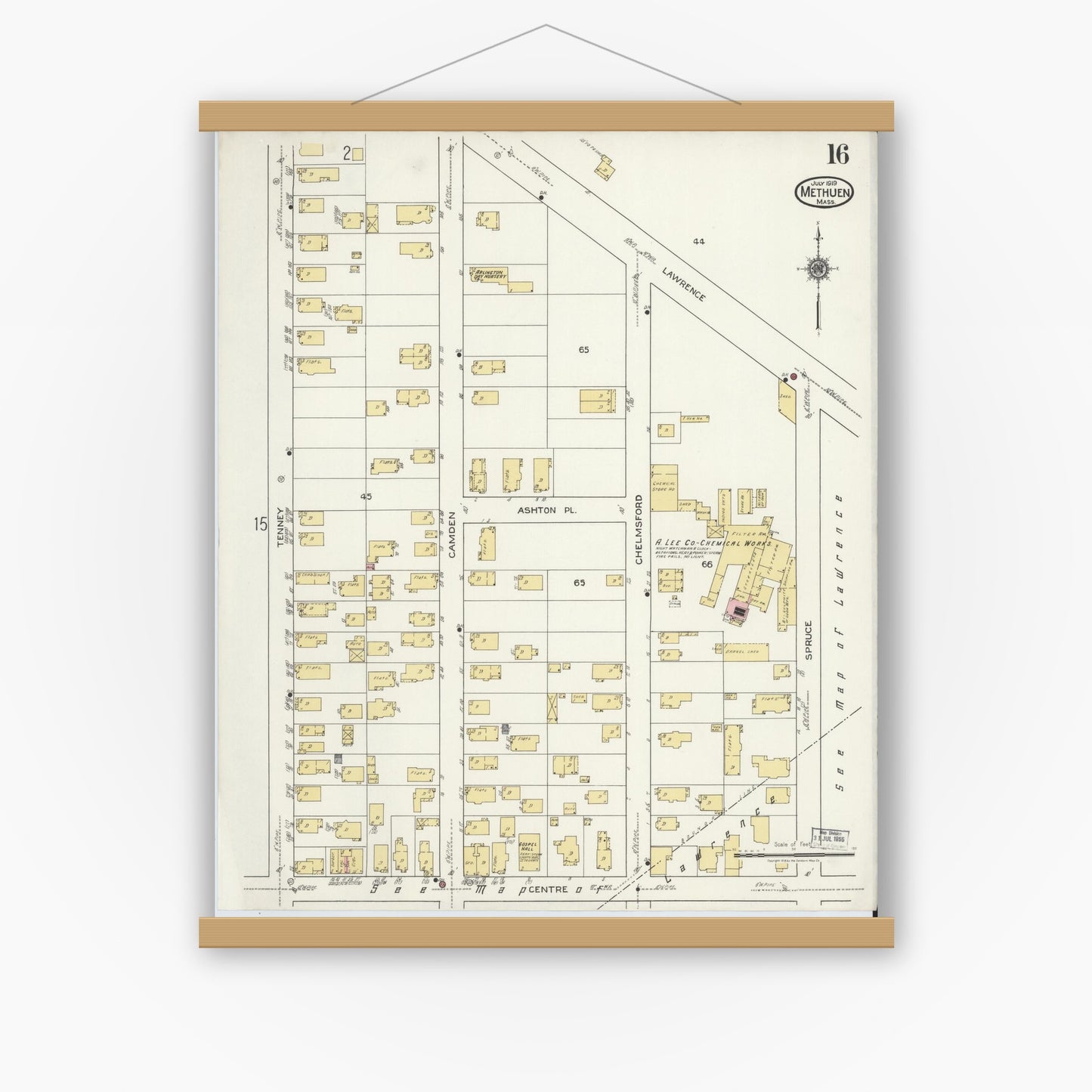 Old map wall art mockup — magnetic wood frame on white wall — Sanborn Fire Insurance Map from Methuen, Essex County, Massachusetts (1919), Sheet #0016