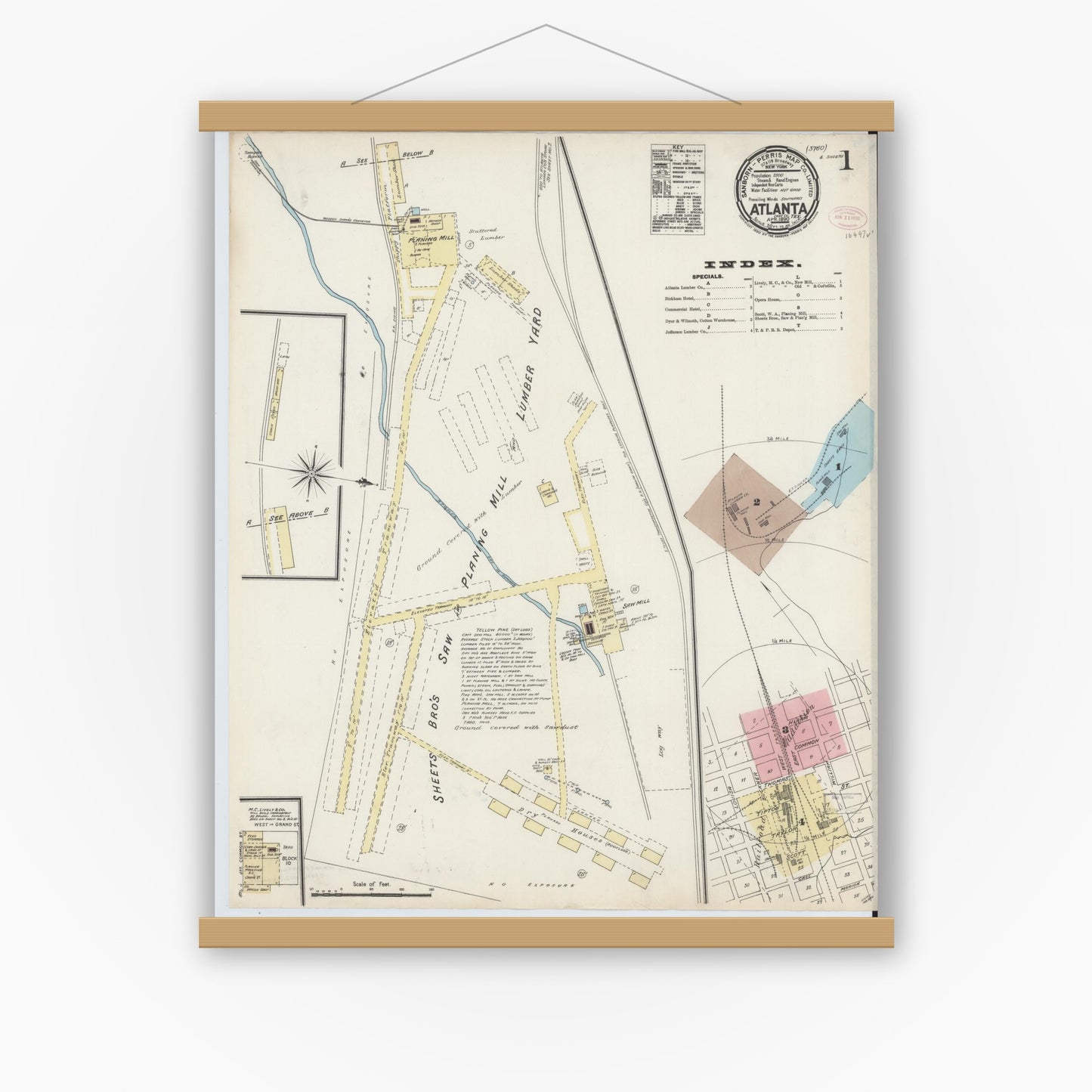 Old map wall art mockup — magnetic wood frame on white wall — Sanborn Fire Insurance Map from Atlanta, Cass County, Texas (1890), Sheet #0001