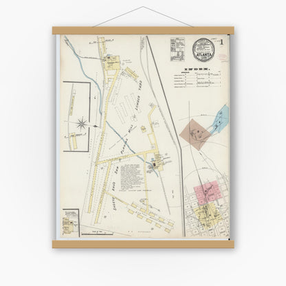 Old map wall art mockup — magnetic wood frame on white wall — Sanborn Fire Insurance Map from Atlanta, Cass County, Texas (1890), Sheet #0001