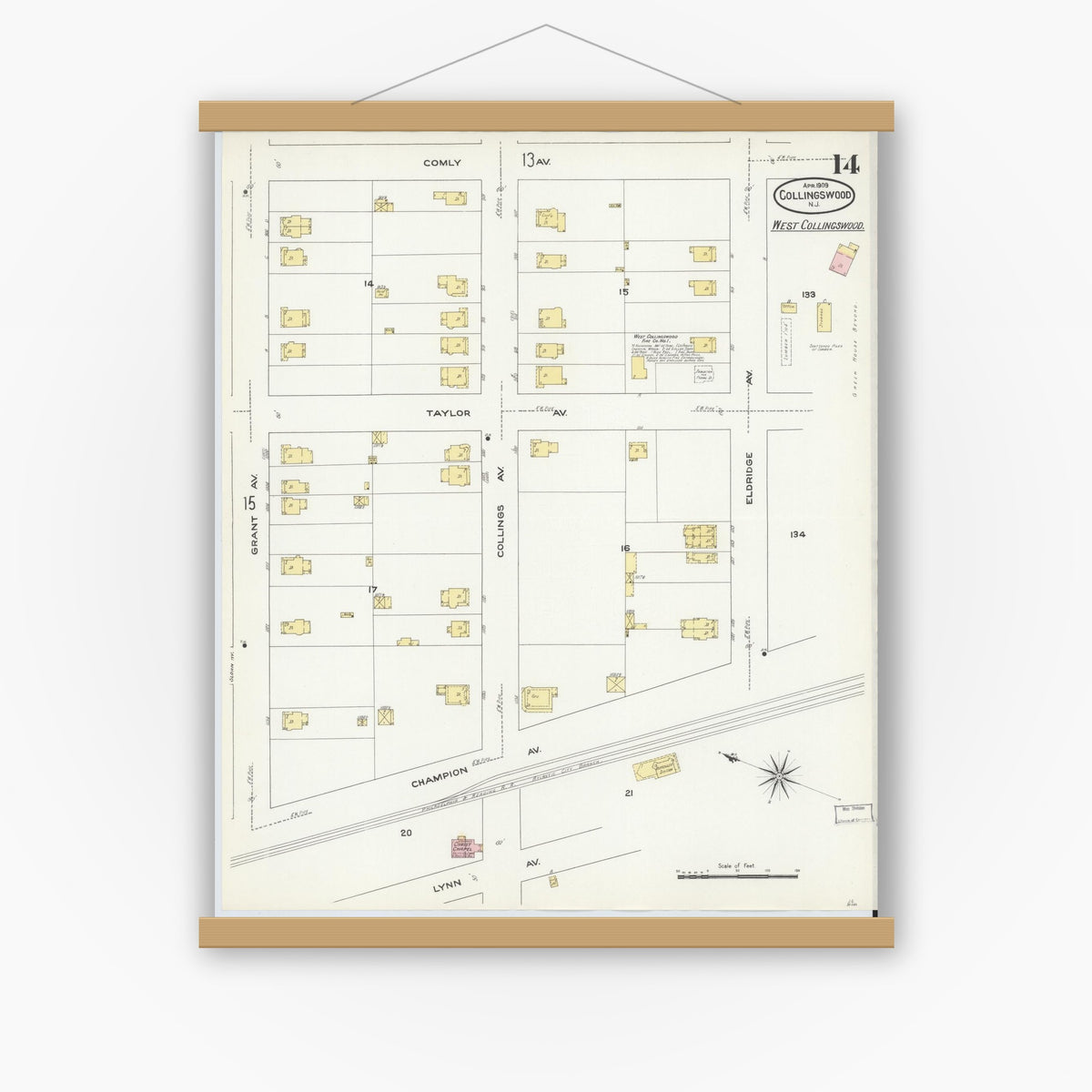 Old map wall art mockup — magnetic wood frame on white wall — Sanborn Fire Insurance Map from Collingswood, Camden County, New Jersey (1909), Sheet #0014