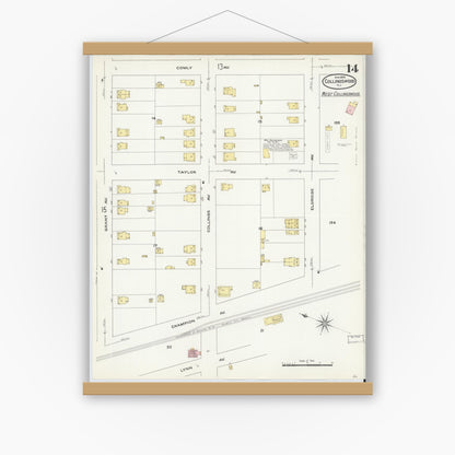 Old map wall art mockup — magnetic wood frame on white wall — Sanborn Fire Insurance Map from Collingswood, Camden County, New Jersey (1909), Sheet #0014
