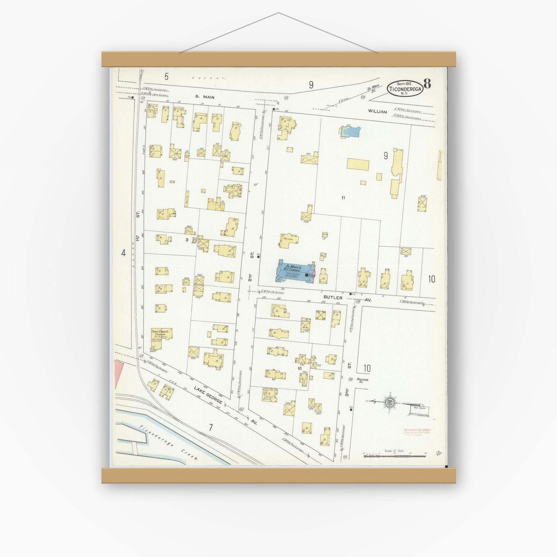Old map wall art mockup — magnetic wood frame on white wall — Sanborn Fire Insurance Map from Ticonderoga, Essex County, New York (1912), Sheet #0008