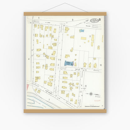Old map wall art mockup — magnetic wood frame on white wall — Sanborn Fire Insurance Map from Ticonderoga, Essex County, New York (1912), Sheet #0008