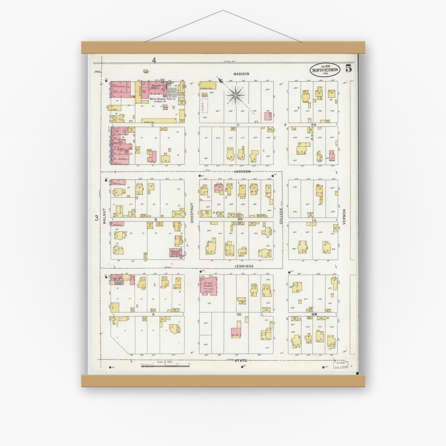 Old map wall art mockup — magnetic wood frame on white wall — Sanborn Fire Insurance Map from North Vernon, Jennings County, Indiana (1899), Sheet #0005