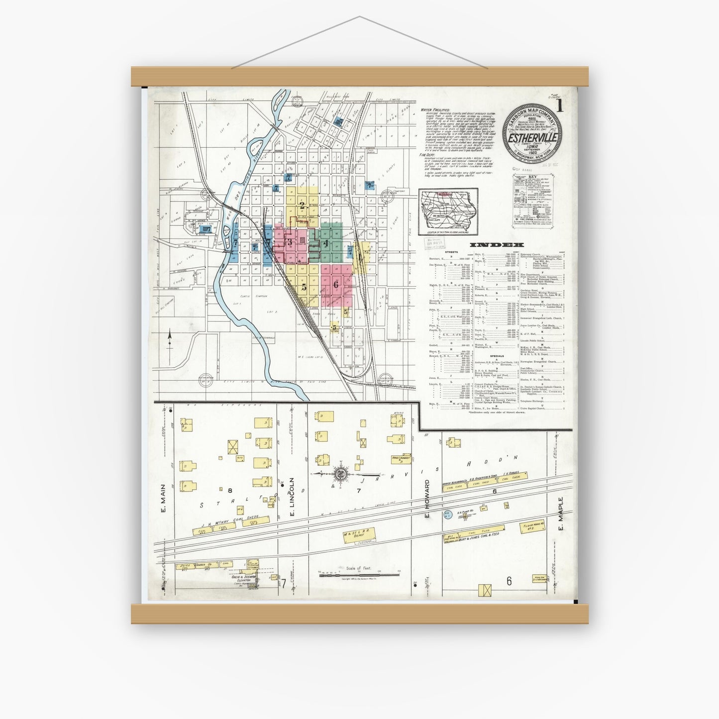 Old map wall art mockup — magnetic wood frame on white wall — Sanborn Fire Insurance Map from Estherville, Emmet County, Iowa (1920), Sheet #0001
