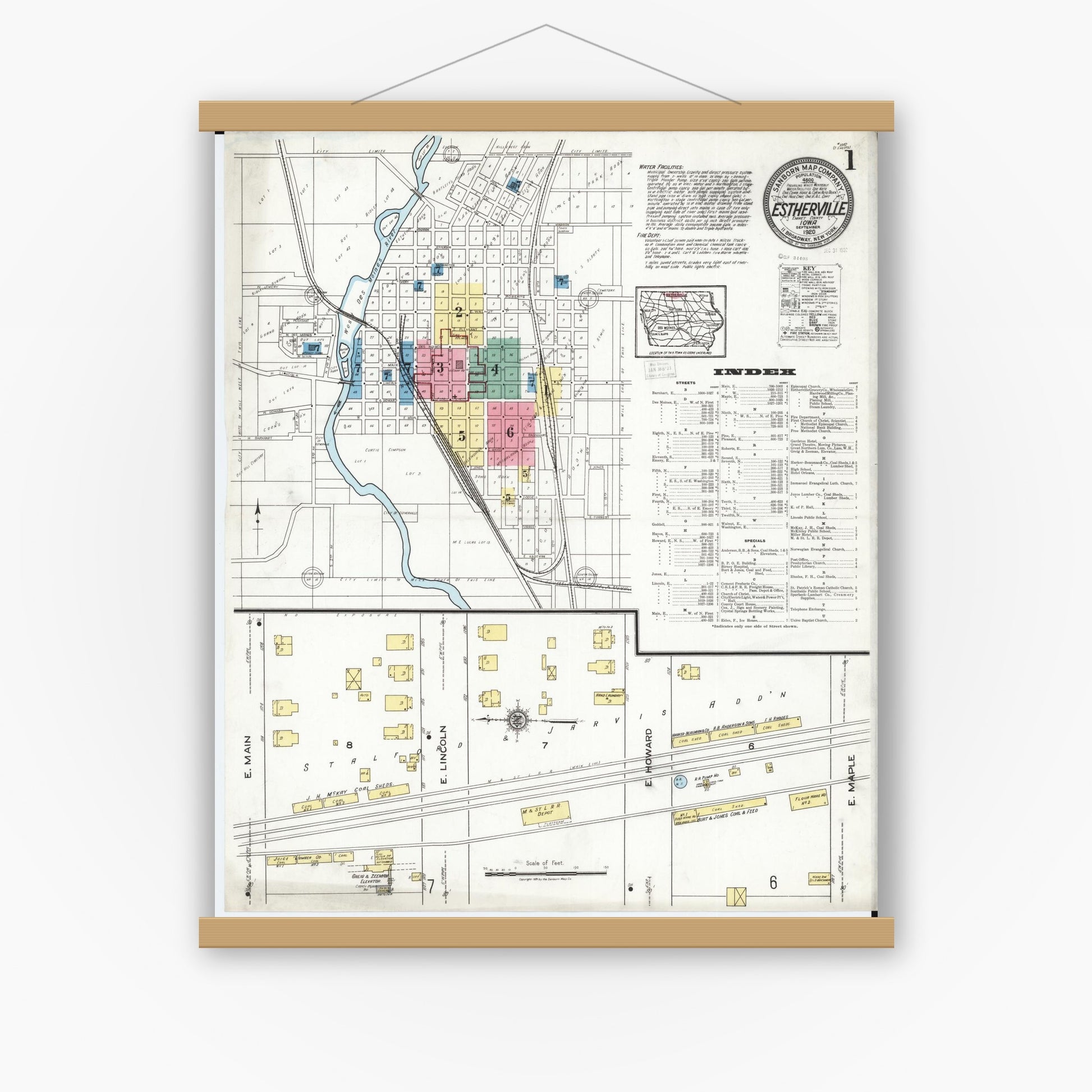 Old map wall art mockup — magnetic wood frame on white wall — Sanborn Fire Insurance Map from Estherville, Emmet County, Iowa (1920), Sheet #0001