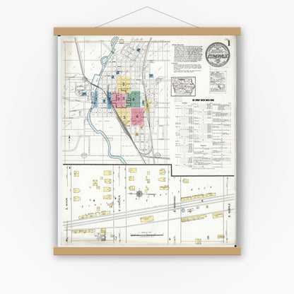 Old map wall art mockup — magnetic wood frame on white wall — Sanborn Fire Insurance Map from Estherville, Emmet County, Iowa (1920), Sheet #0001