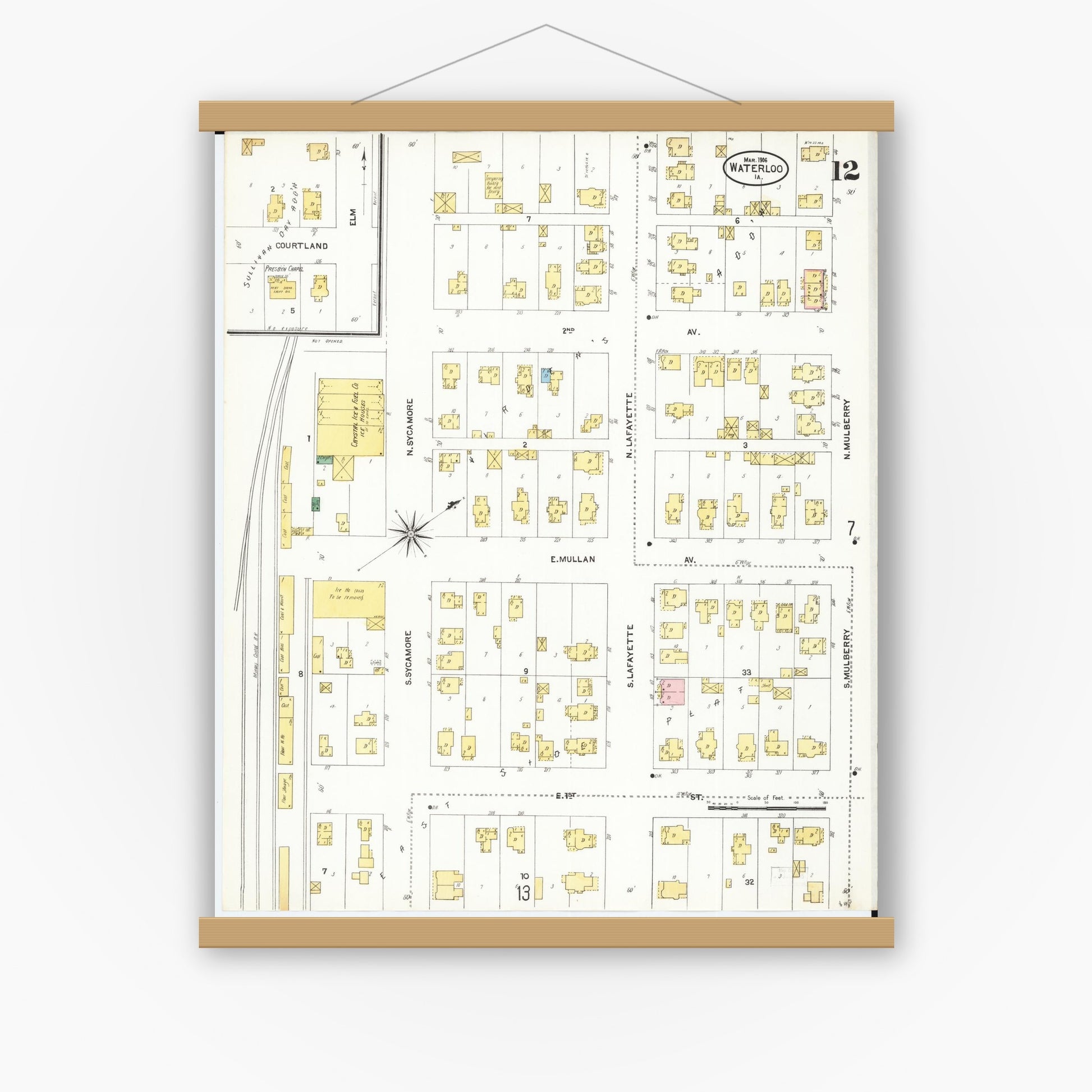 Old map wall art mockup — magnetic wood frame on white wall — Sanborn Fire Insurance Map from Waterloo, Black Hawk County, Iowa (1906), Sheet #0012