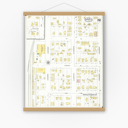 Old map wall art mockup — magnetic wood frame on white wall — Sanborn Fire Insurance Map from Waterloo, Black Hawk County, Iowa (1906), Sheet #0012