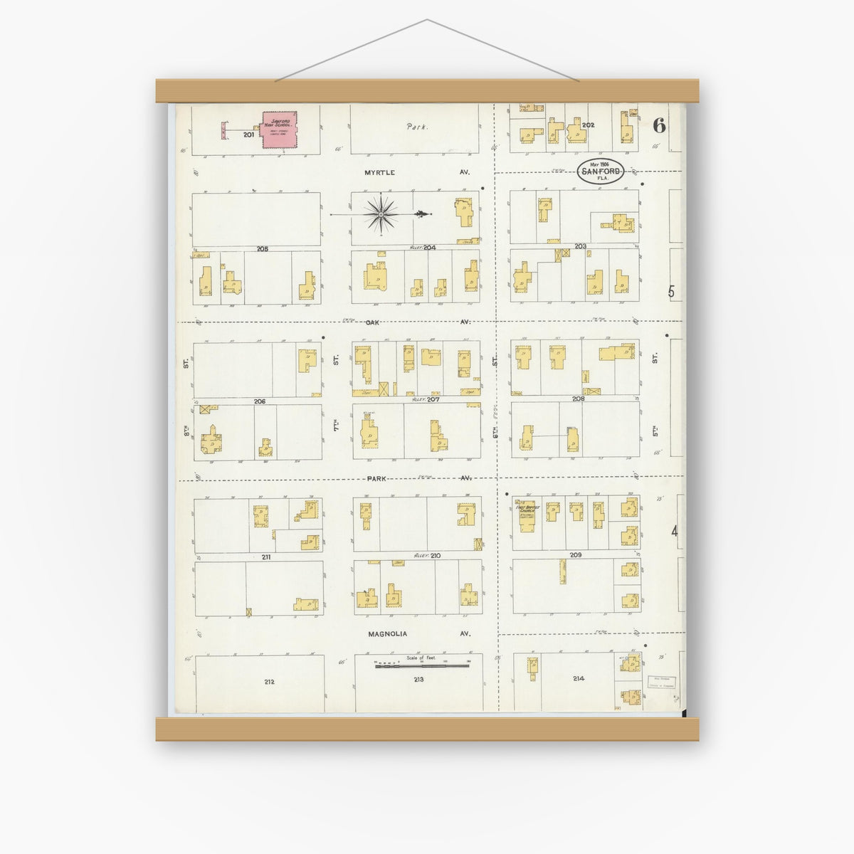 Old map wall art mockup — magnetic wood frame on white wall — Sanborn Fire Insurance Map from Sanford, Seminole County, Florida (1906), Sheet #0006
