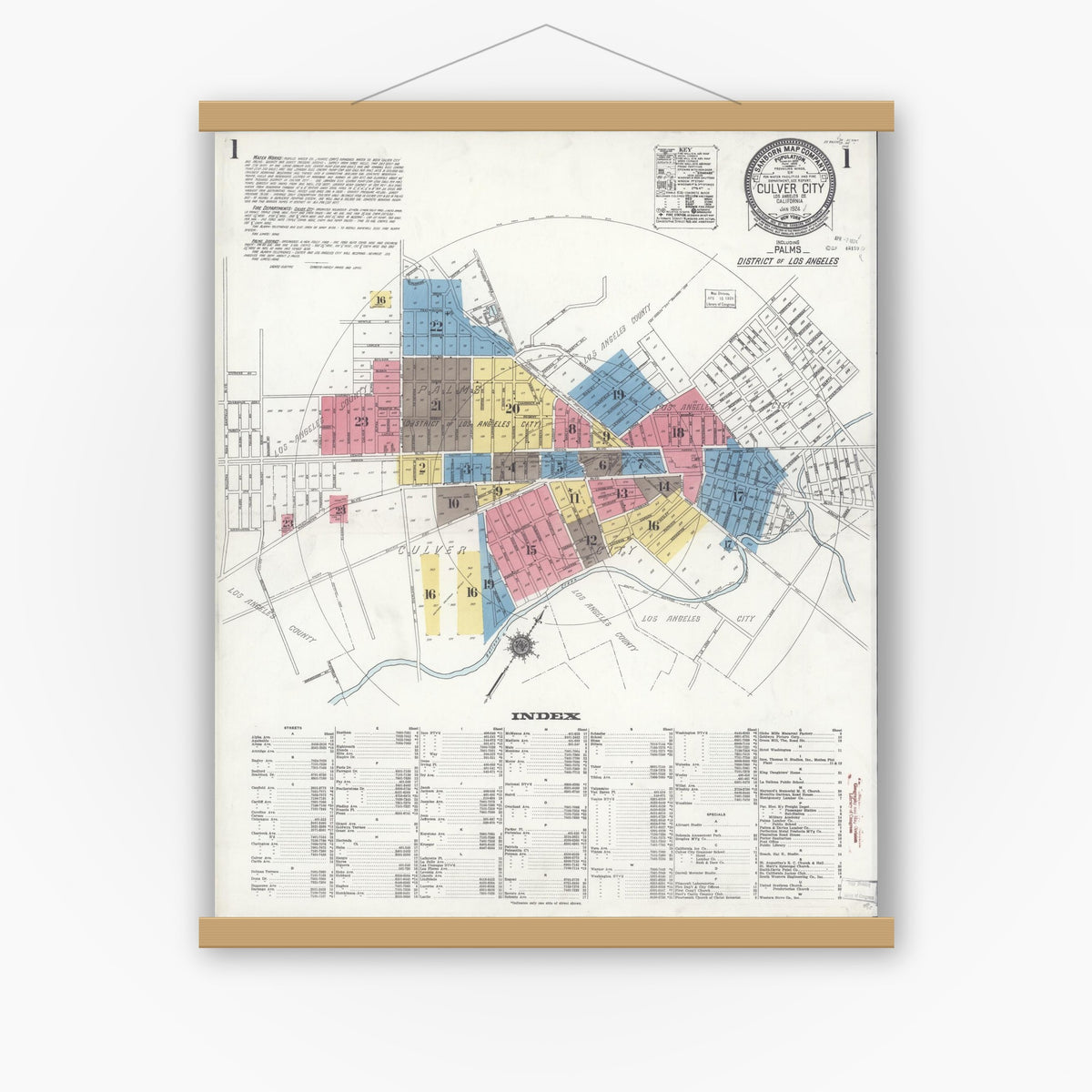 Old map wall art mockup — magnetic wood frame on white wall — Sanborn Fire Insurance Map from Culver City, Los Angeles County, California (1924), Sheet #0001