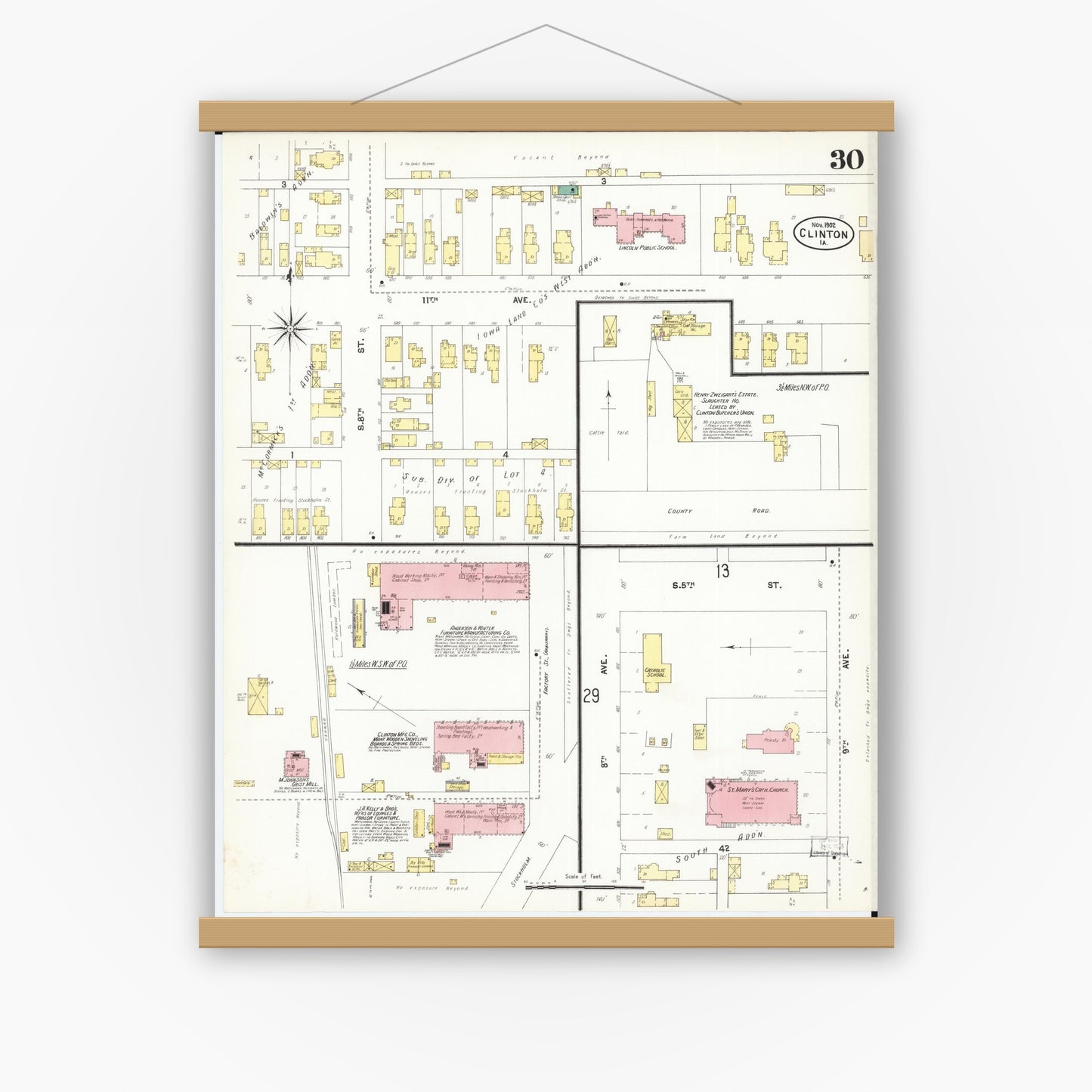 Old map wall art mockup — magnetic wood frame on white wall — Sanborn Fire Insurance Map from Clinton, Clinton County, Iowa (1902), Sheet #0030