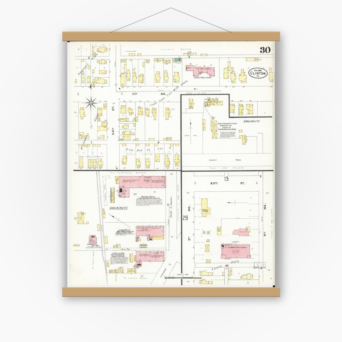 Old map wall art mockup — magnetic wood frame on white wall — Sanborn Fire Insurance Map from Clinton, Clinton County, Iowa (1902), Sheet #0030